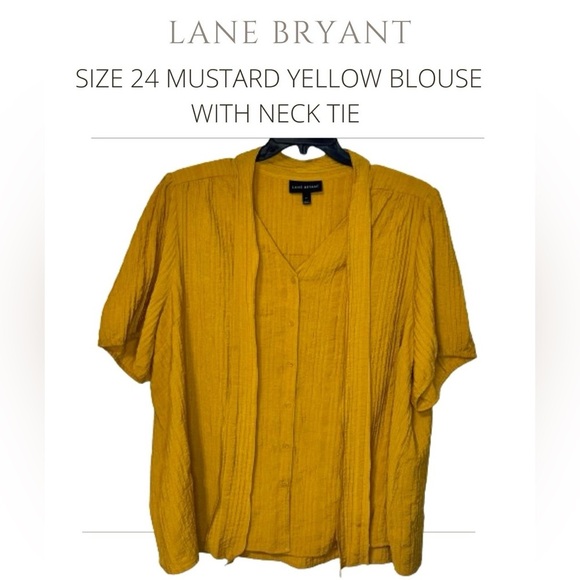 LANE BRYANT SIZE 24 MUSTARD YELLOW SHORT SLEEVE BUTTON UP BLOUSE WITH NECK TIE - Picture 1 of 3
